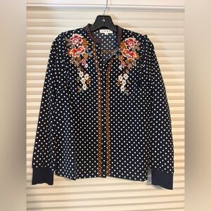 THML Navy Polka Dot Blouse with Floral Embroidery 🧵